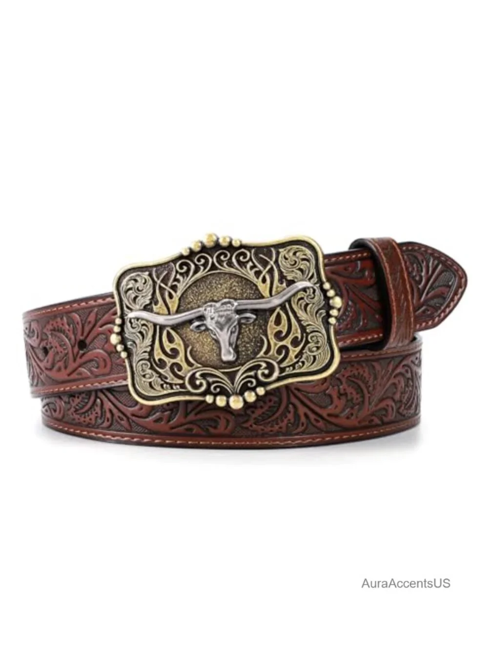 Genuine Leather Western Belt Longhorn Buckle Floral Embossed Cowboy Belt for